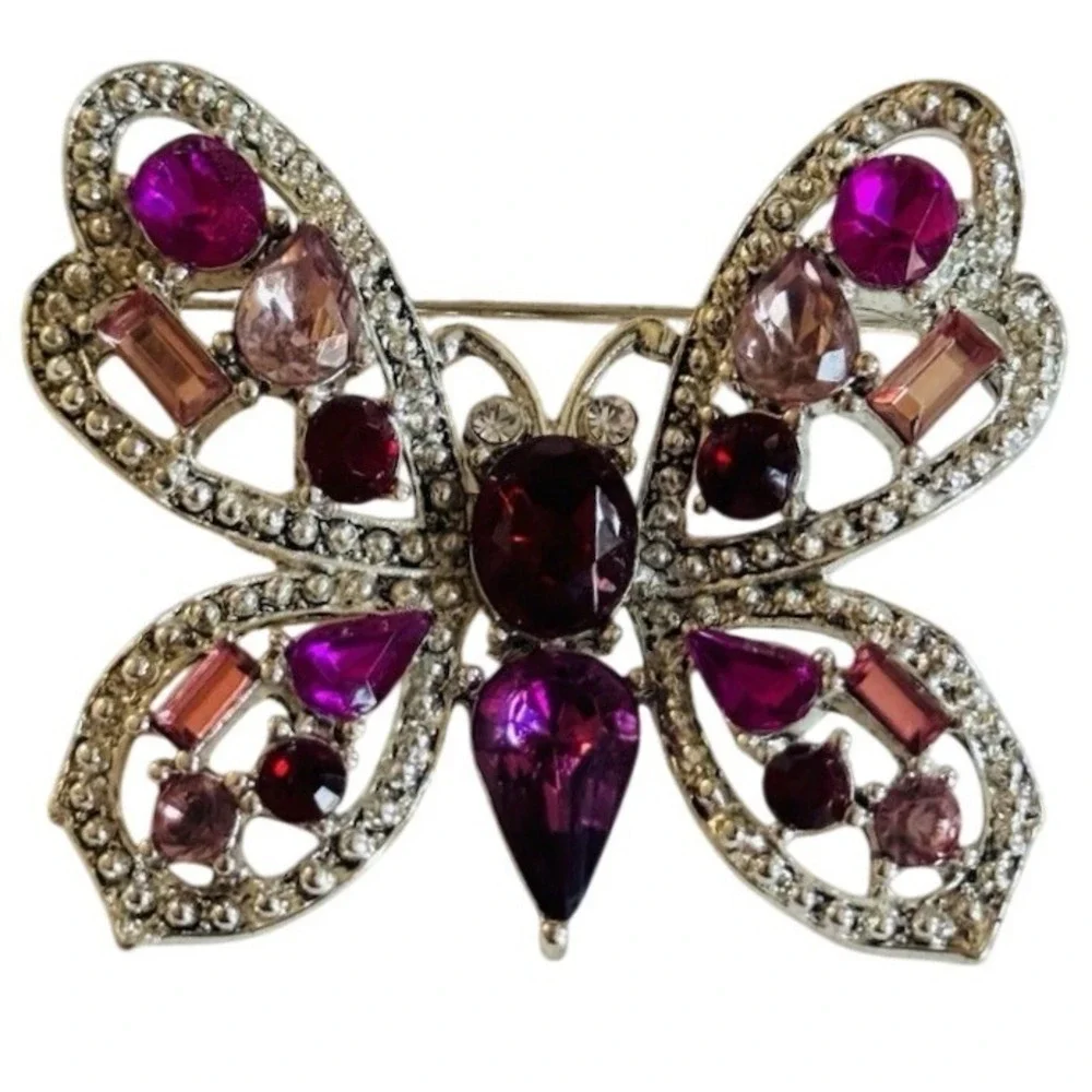 VTG Butterfly brooch pin Silver Plated Pink Red Rhinestone Figural Y2K‎ Flashy